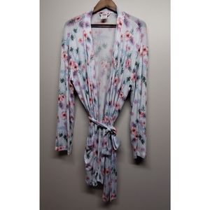 Pink Victoria's Secret Robe Women Size M Blue Floral Pockets Waist Tie Tropical